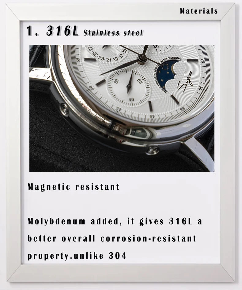 Original Movement ST1908 Sugess Men Mechanical Calendar Watch Chronograph Vintage Moonphase Wristwatches Waterproof