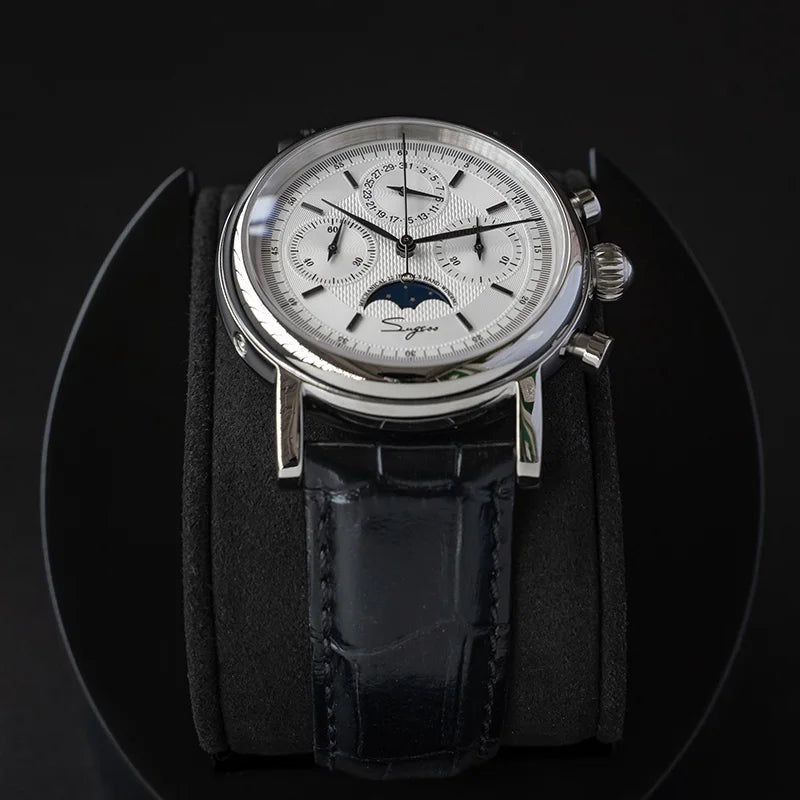 Original Movement ST1908 Sugess Men Mechanical Calendar Watch Chronograph Vintage Moonphase Wristwatches Waterproof