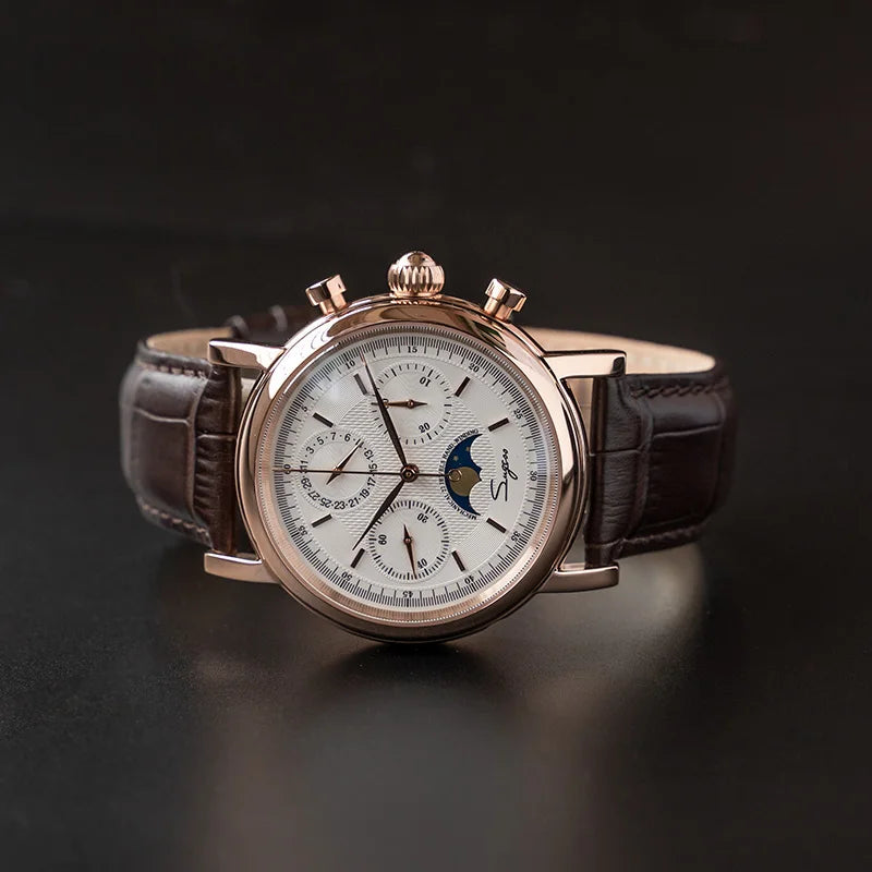 Original Movement ST1908 Sugess Men Mechanical Calendar Watch Chronograph Vintage Moonphase Wristwatches Waterproof