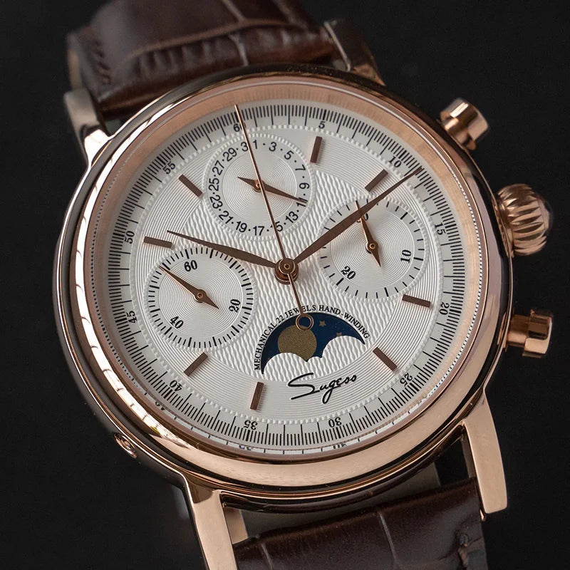 Original Movement ST1908 Sugess Men Mechanical Calendar Watch Chronograph Vintage Moonphase Wristwatches Waterproof