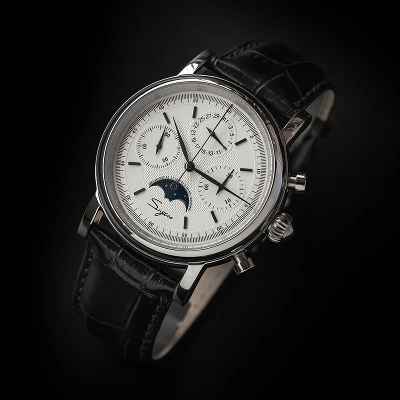 Original Movement ST1908 Sugess Men Mechanical Calendar Watch Chronograph Vintage Moonphase Wristwatches Waterproof