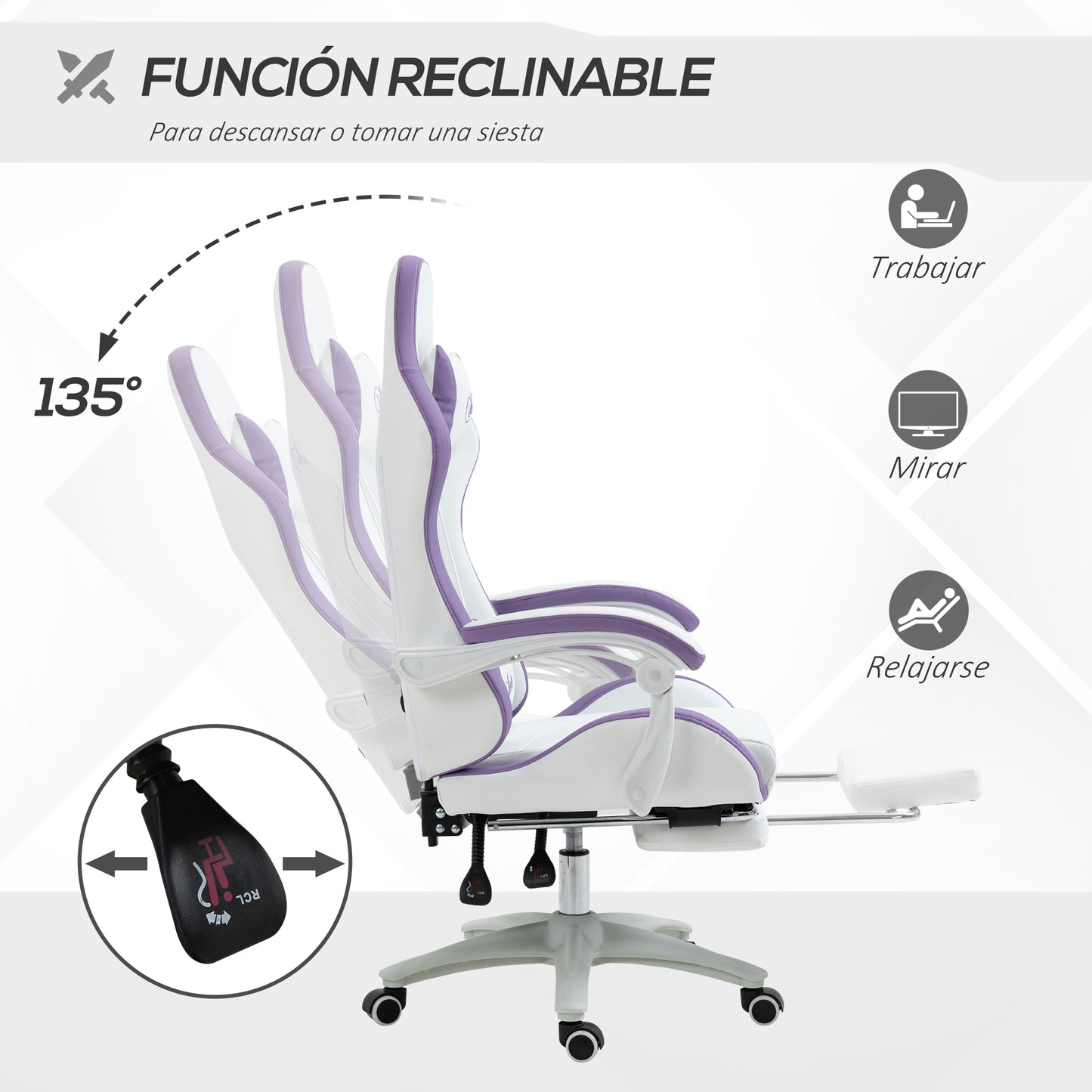 Vinsetto Gaming Chair Pu Leather Gamer Chair Adjustable Height Reclining 135 °   Headrest and Footrest 65X65X121-129 cm White